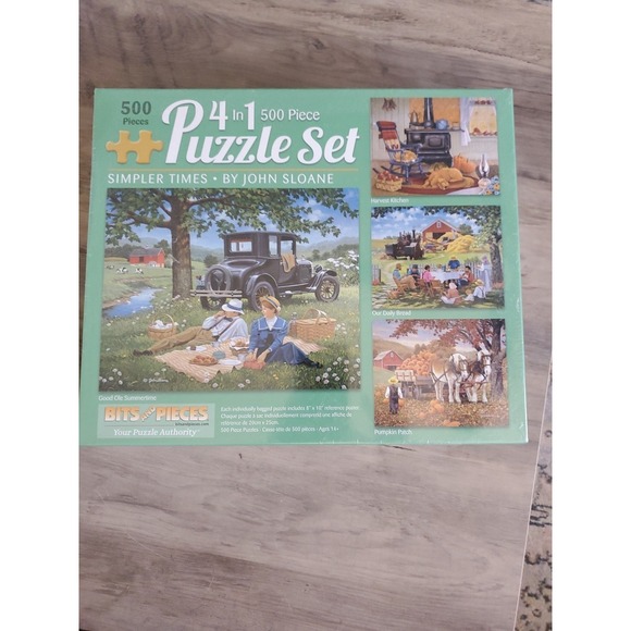 Bits And Pieces Other - Four in One 500 Piece Puzzle Set - "Simpler Times" By John Sloane New Sealed